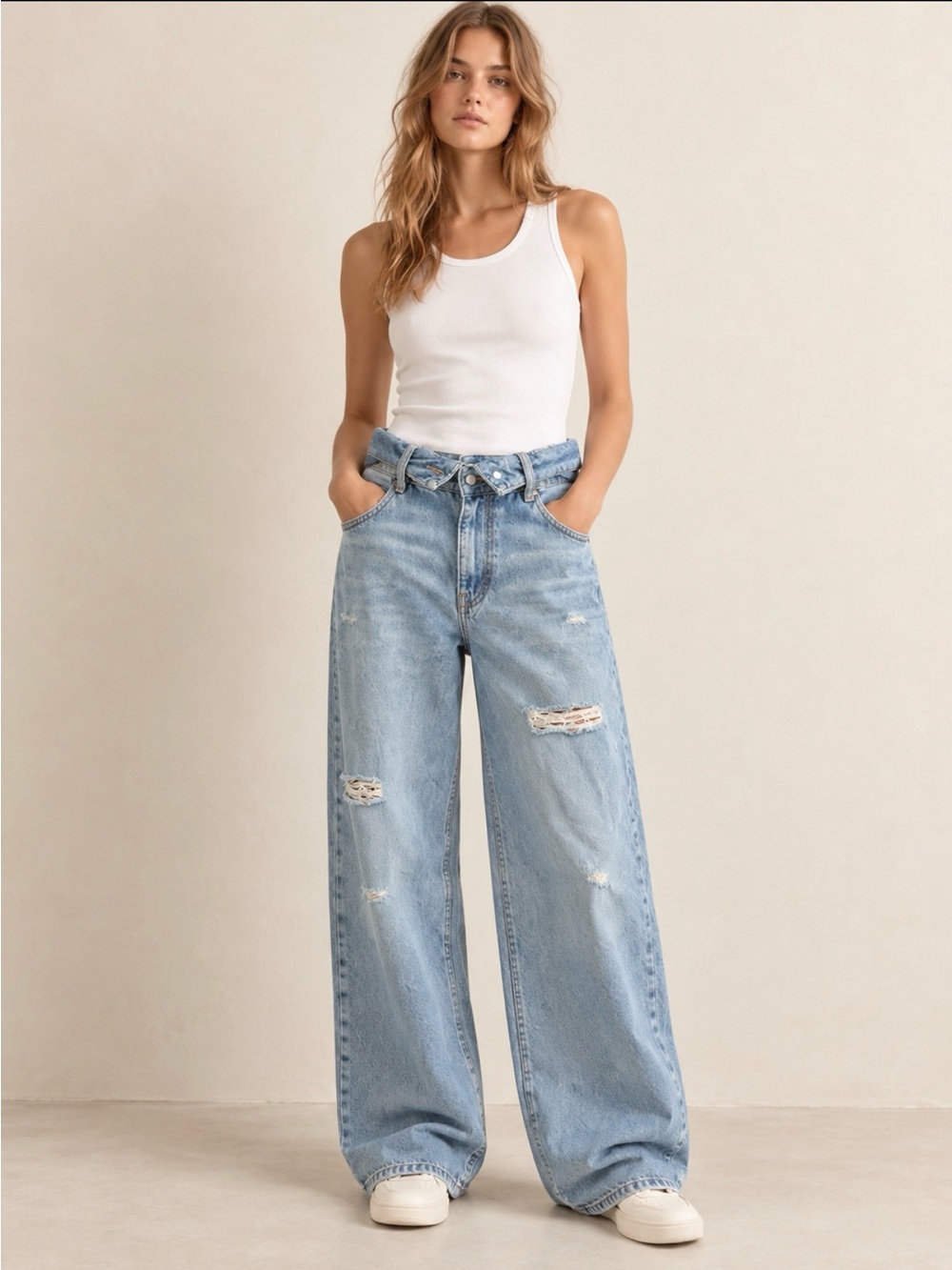 Zara Light Blue High-Rise Wide-Leg Distressed Jeans